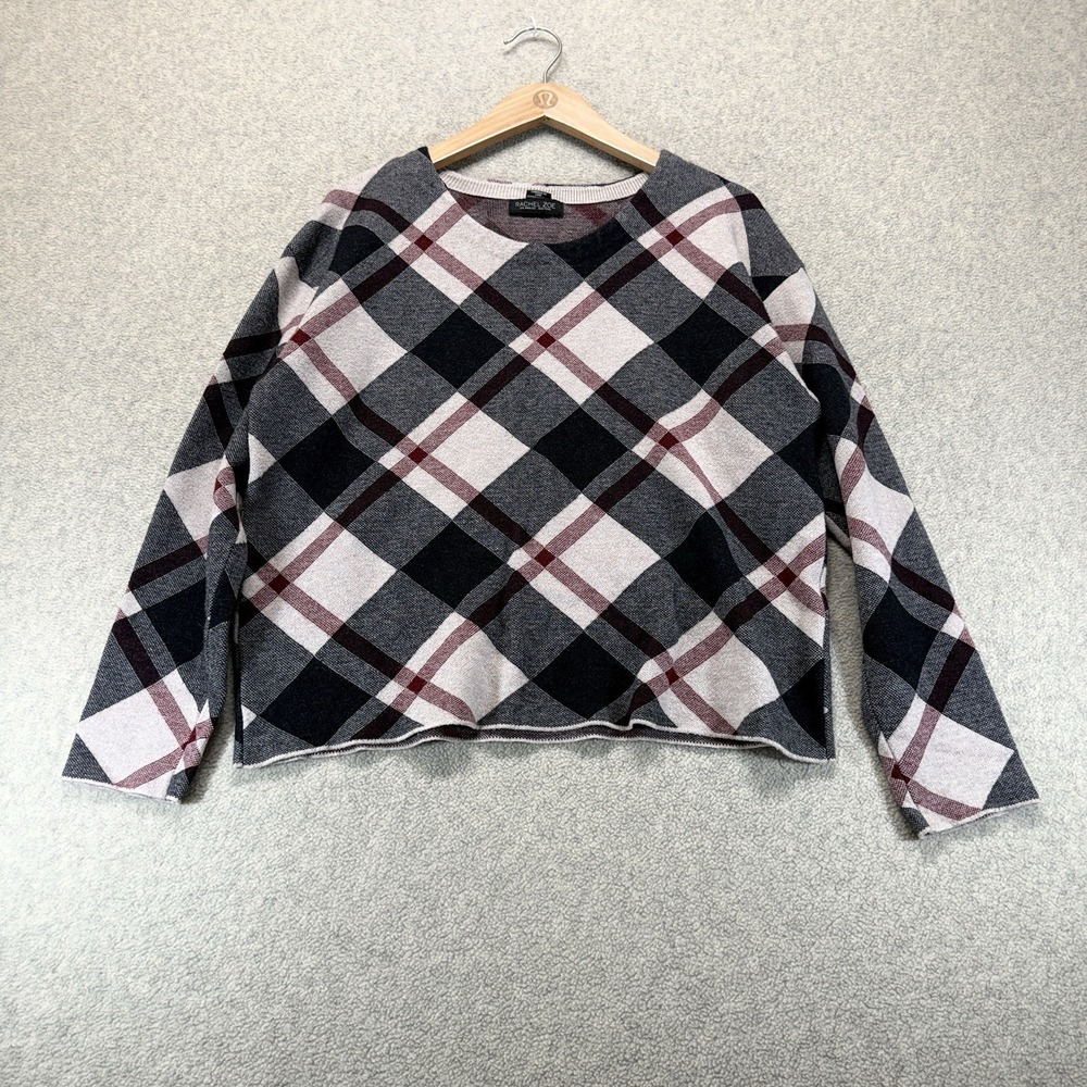 Rachel Zoe Women's Large Plaid Crewneck Lightweight Knit Sweater Burgundy Gray